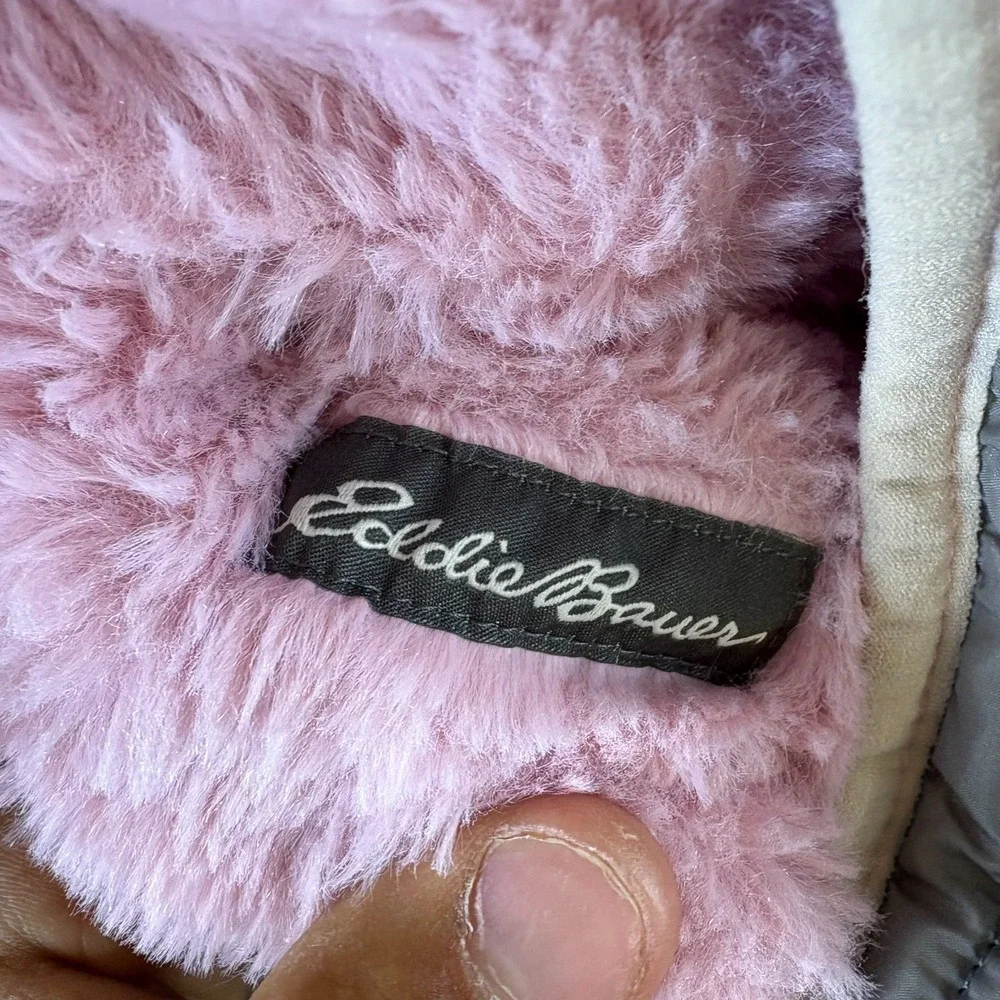 Eddie Bauer Reversible Puffer Jacket Girls L Gray Pink Faux Fur Hooded Full Zip